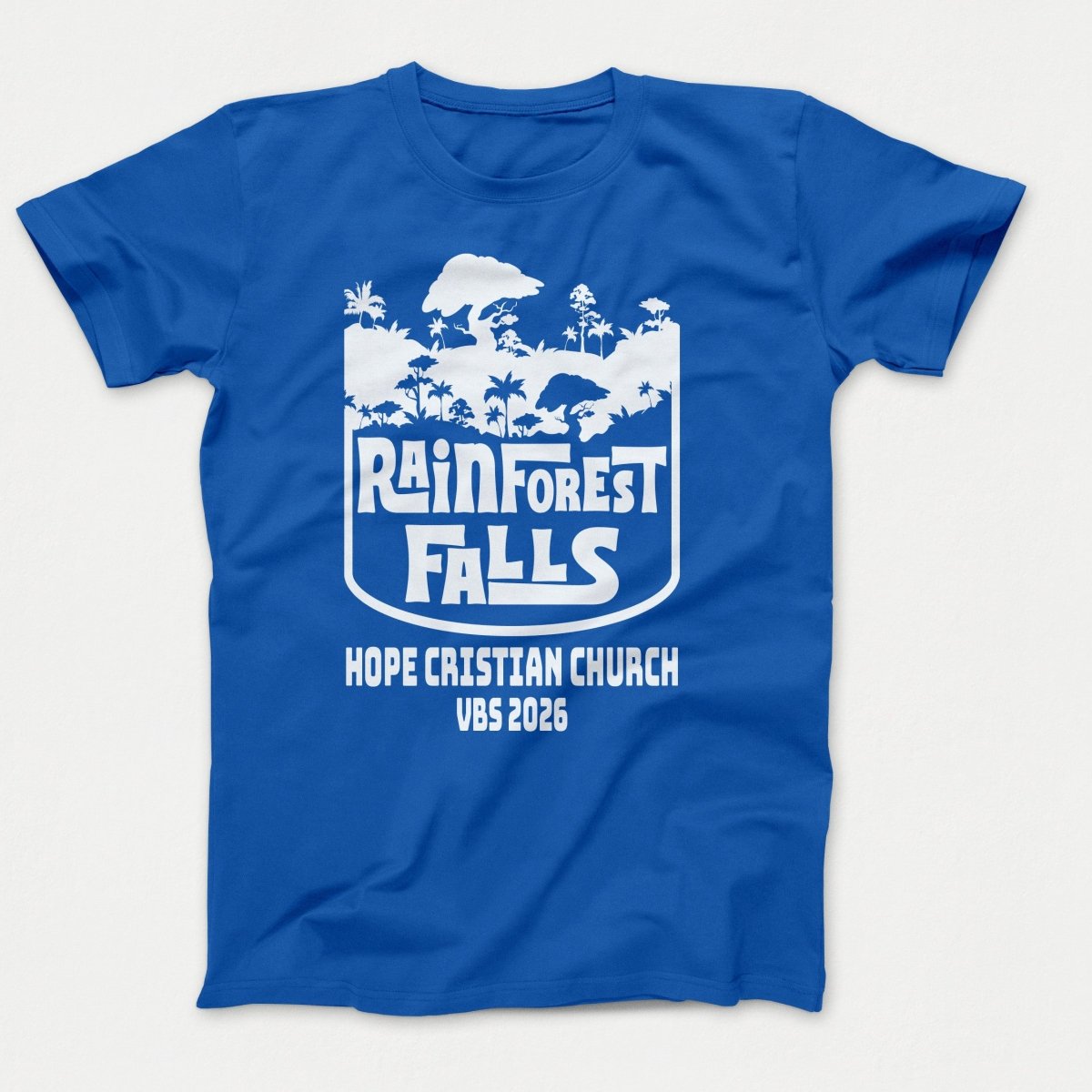 Rainforest Falls VBS Shirts - Rainforest Badge - Adult T-shirts Royal Blue - Polkabean