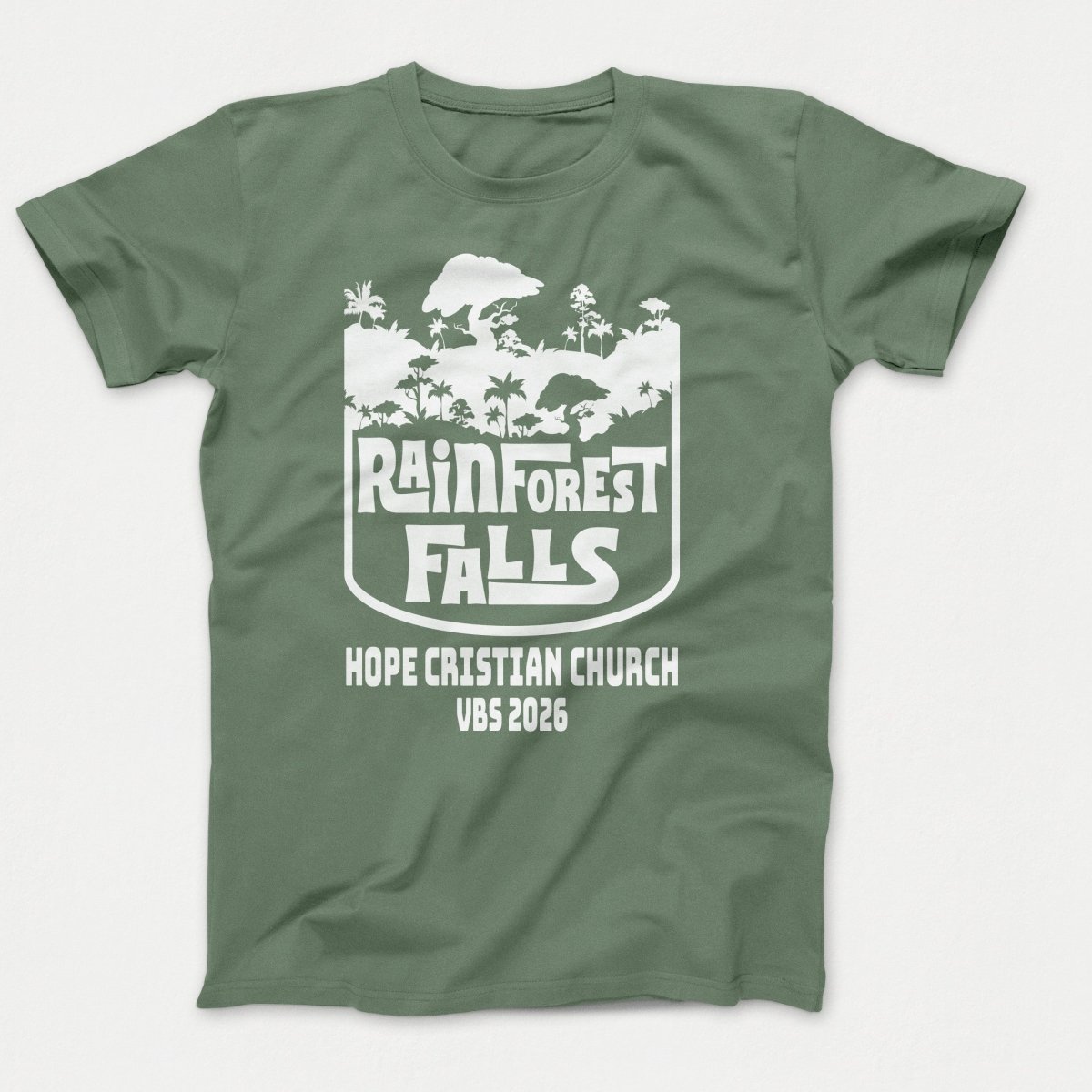 Rainforest Falls VBS Shirts - Rainforest Badge - Adult T-shirts Laurel Green - Polkabean