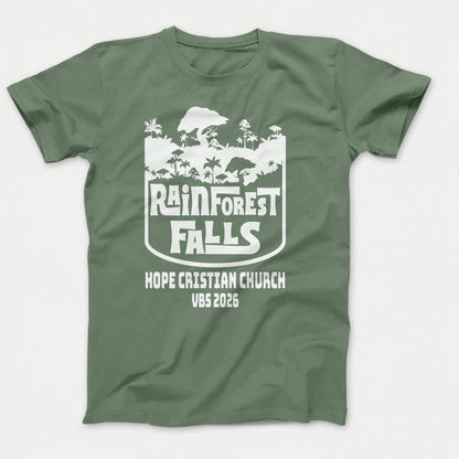 Rainforest Falls VBS Shirts - Rainforest Badge - Adult T-shirts Laurel Green - Polkabean