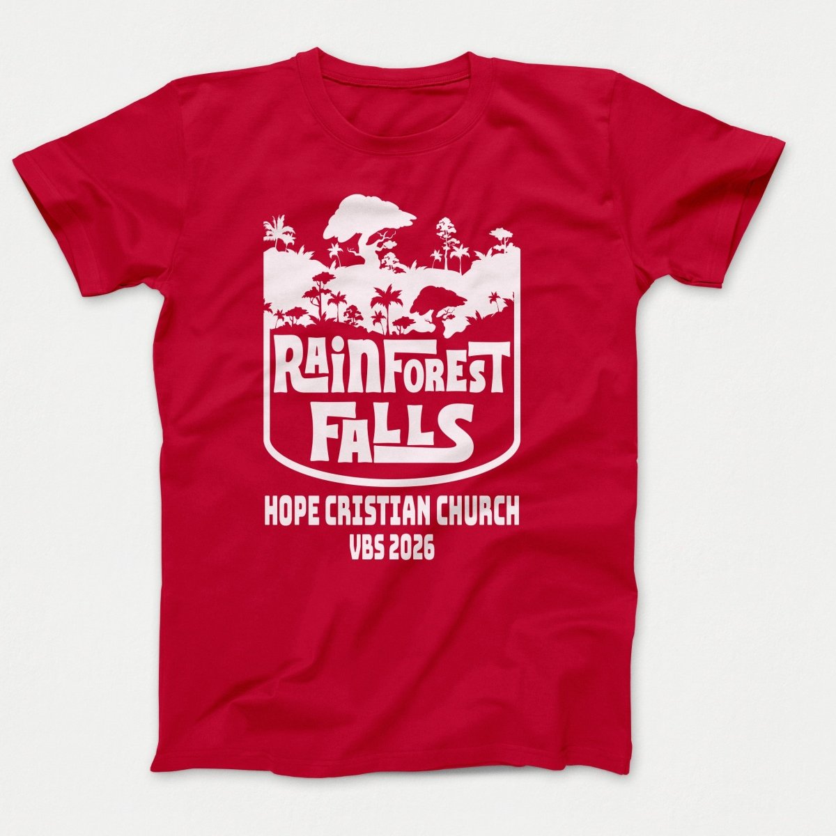Rainforest Falls VBS Shirts - Rainforest Badge - Adult T-shirts Red - Polkabean