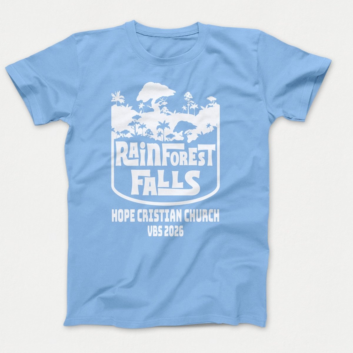 Rainforest Falls VBS Shirts - Rainforest Badge - Adult T-shirts Light Blue - Polkabean