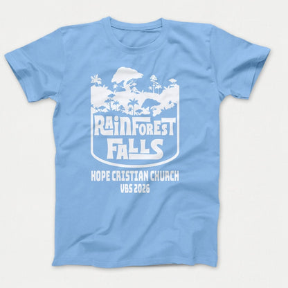 Rainforest Falls VBS Shirts - Rainforest Badge - Adult T-shirts Light Blue - Polkabean