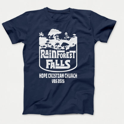 Rainforest Falls VBS Shirts - Rainforest Badge - Adult T-shirts Navy - Polkabean