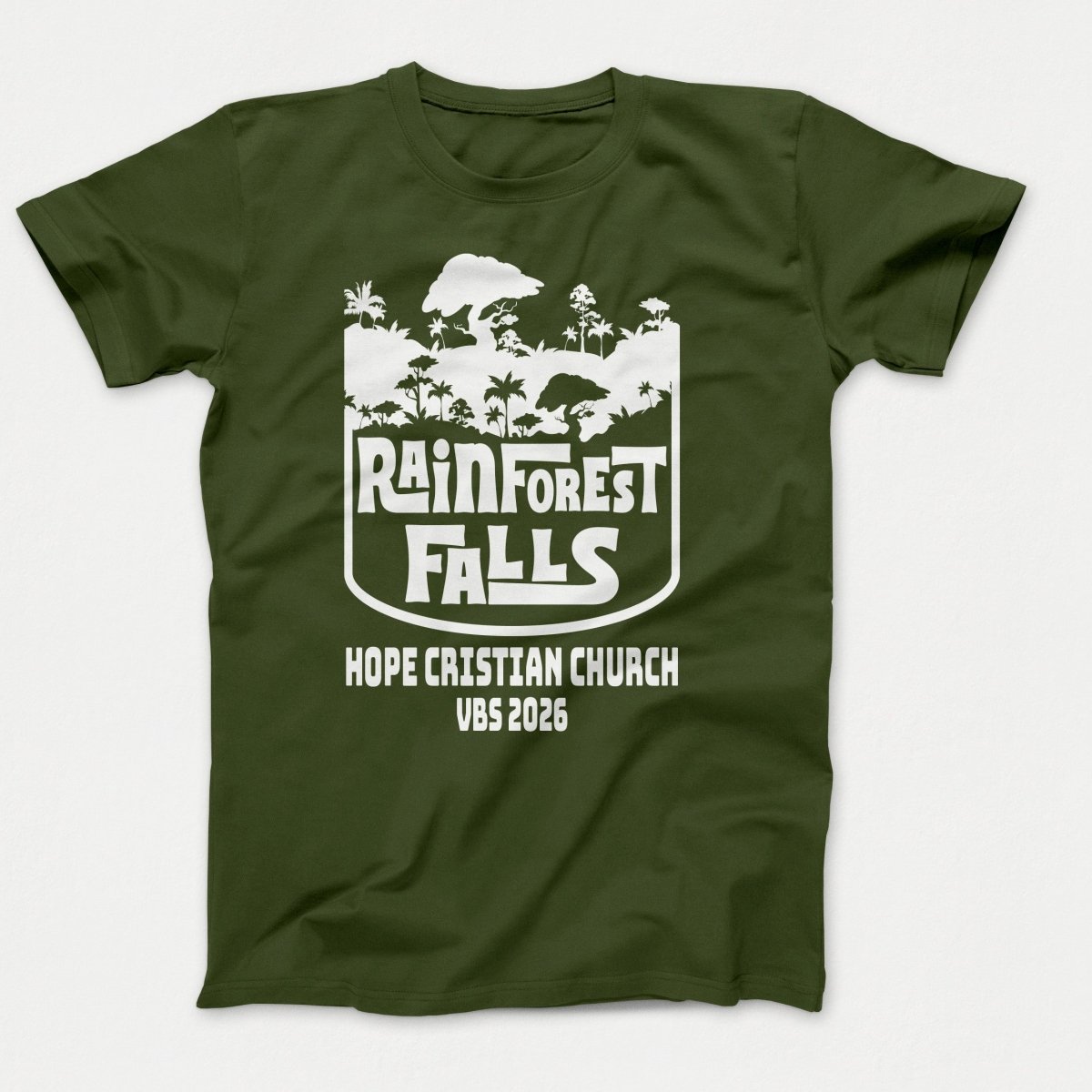 Rainforest Falls VBS Shirts - Rainforest Badge - Adult T-shirts Olive - Polkabean