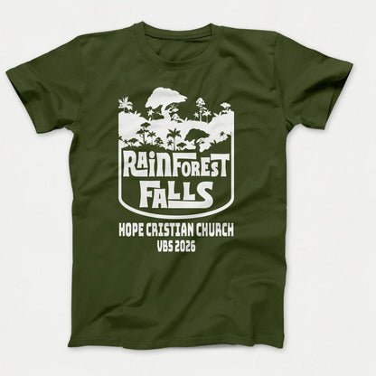 Rainforest Falls VBS Shirts - Rainforest Badge - Adult T-shirts Olive - Polkabean