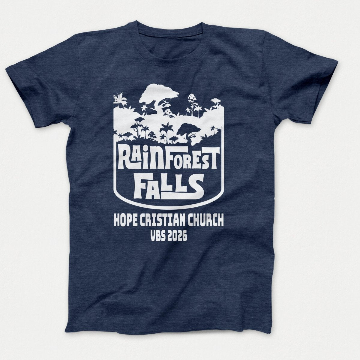 Rainforest Falls VBS Shirts - Rainforest Badge - Adult T-shirts Heather Navy - Polkabean