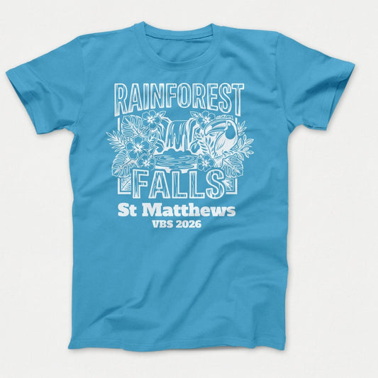 Rainforest Falls VBS Shirts - Rainforest Bird - Adult T-shirts Aquatic Blue - Polkabean