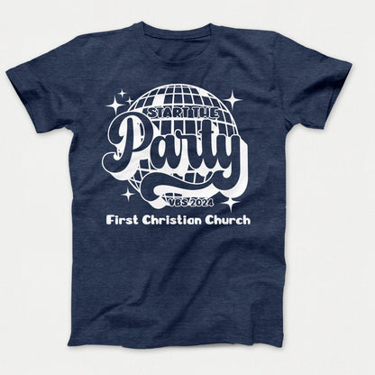 Start the Party VBS Shirts - Adult Sizes Heather Navy - Polkabean