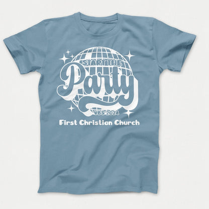 Start the Party VBS Shirts - Adult Sizes Stone Washed Blue - Polkabean